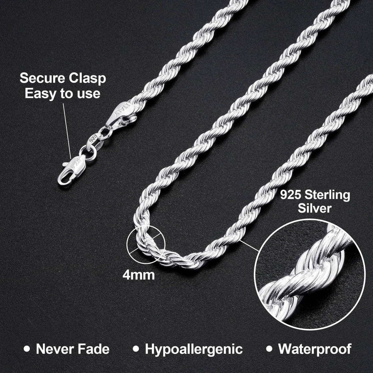 925 Sterling Silver Rope Chain for Men 3mm 4mm - Maxcate Official Imagery - 4