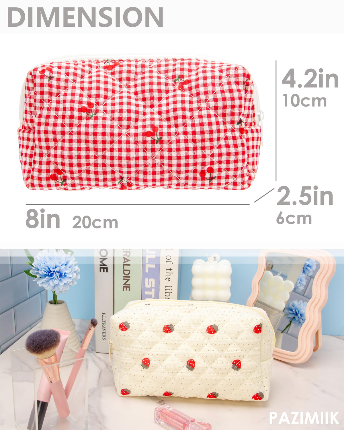 Small Quilted Makeup Bag Zipper Cosmetic Pouch Gingham Red - PAZIMIIK Official Imagery - 5