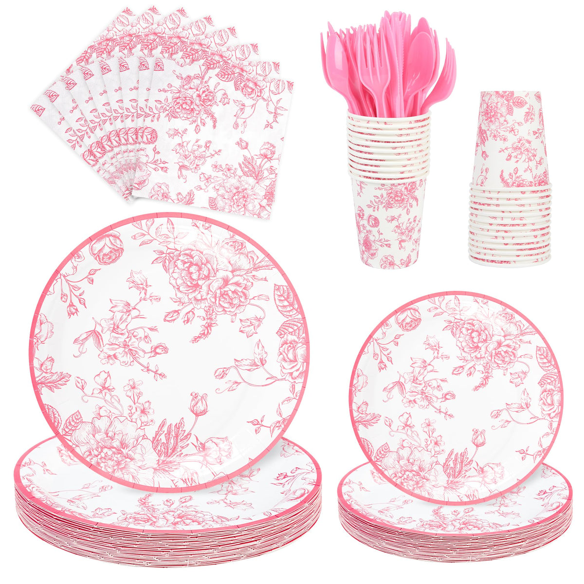 175Pcs Pink Floral Paper Plates and Napkins 25 Guests Pink - Elyxio Official Imagery - 1