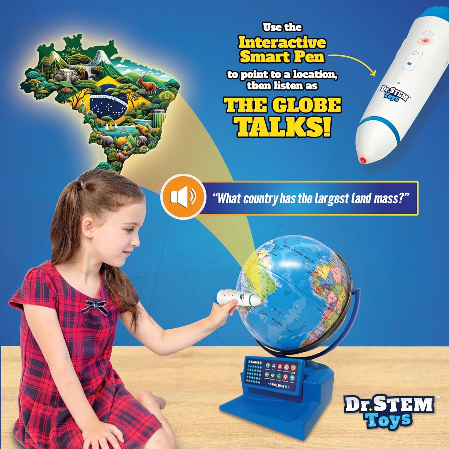 Interactive Dr. STEM Toys Talking Globe with smart pen and game panel showing colorful globe and educational features.