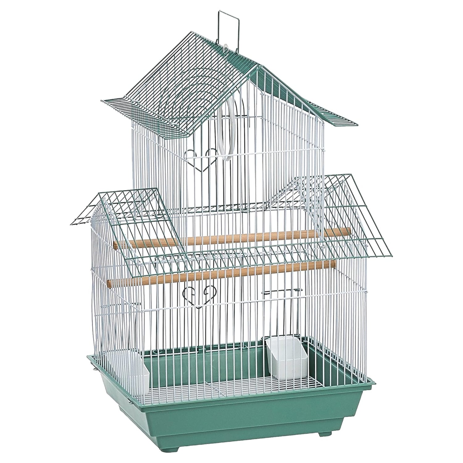 Prevue Hendryx SP1720-4 Shanghai Parakeet Cage in green and white with perches and feeding doors for small pet birds.