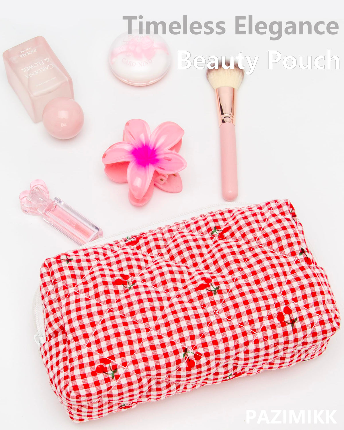 Small Quilted Makeup Bag Zipper Cosmetic Pouch Gingham Red - PAZIMIIK Official Imagery - 6