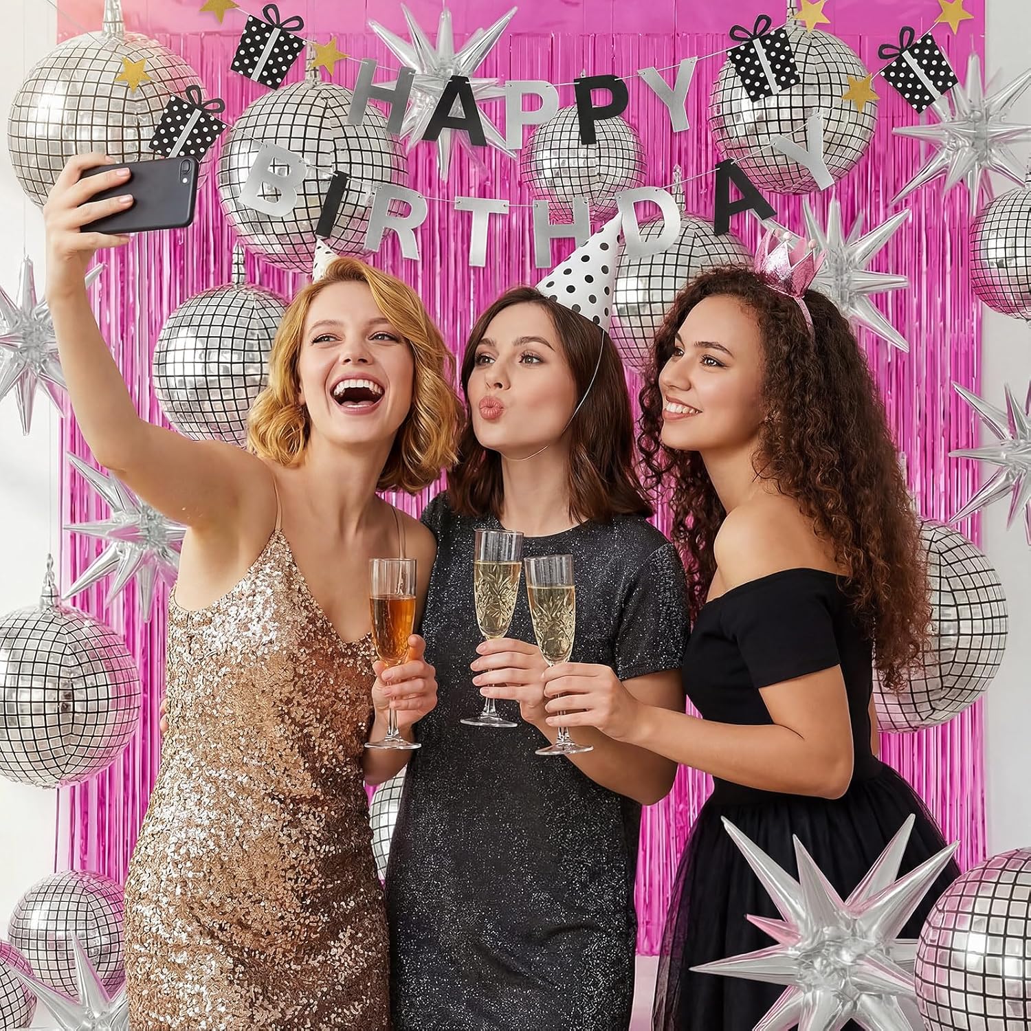 Seenelling 24-piece disco party decoration set with 22-inch 4D disco ball, star balloons, and star-shaped balloons.