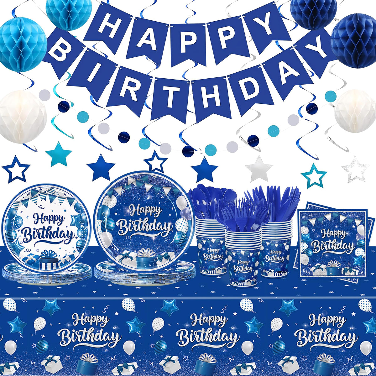 185pcs Happy Birthday Decorations Blue and Silver Plates - JVORFDG Official Imagery - 1