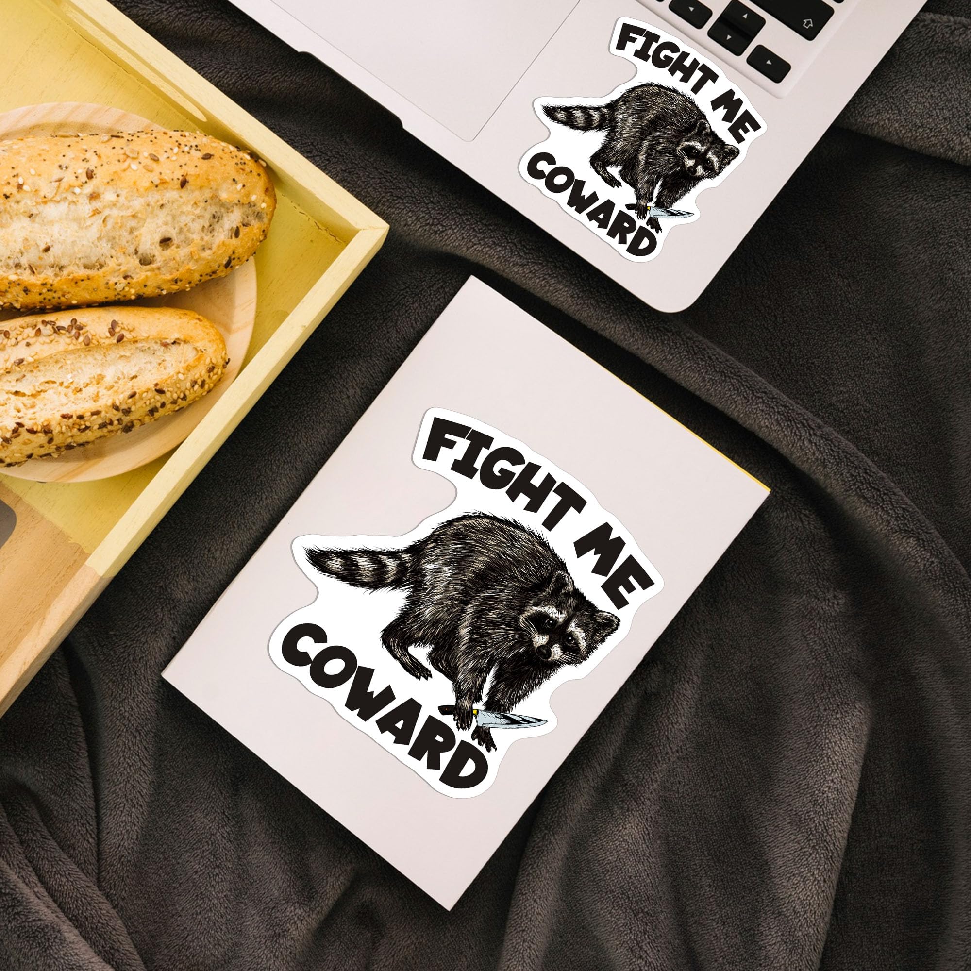 Fight Me Coward Raccoon Sticker Hard Hat Blue Collar Meme Funny Racoon with Knife Waterproof Vinyl Sticker for Laptop Water Bottle Phone Case Cars - Decor Decal Stuff Gift Idea for Her Him Adults Kid