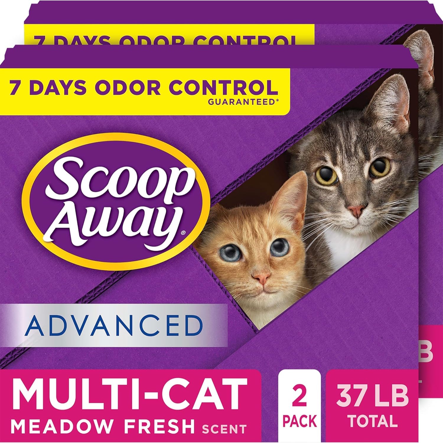 Scoop Away Advanced Multi-Cat Clumping Cat Litter in Meadow Fresh scent with white and green packaging.