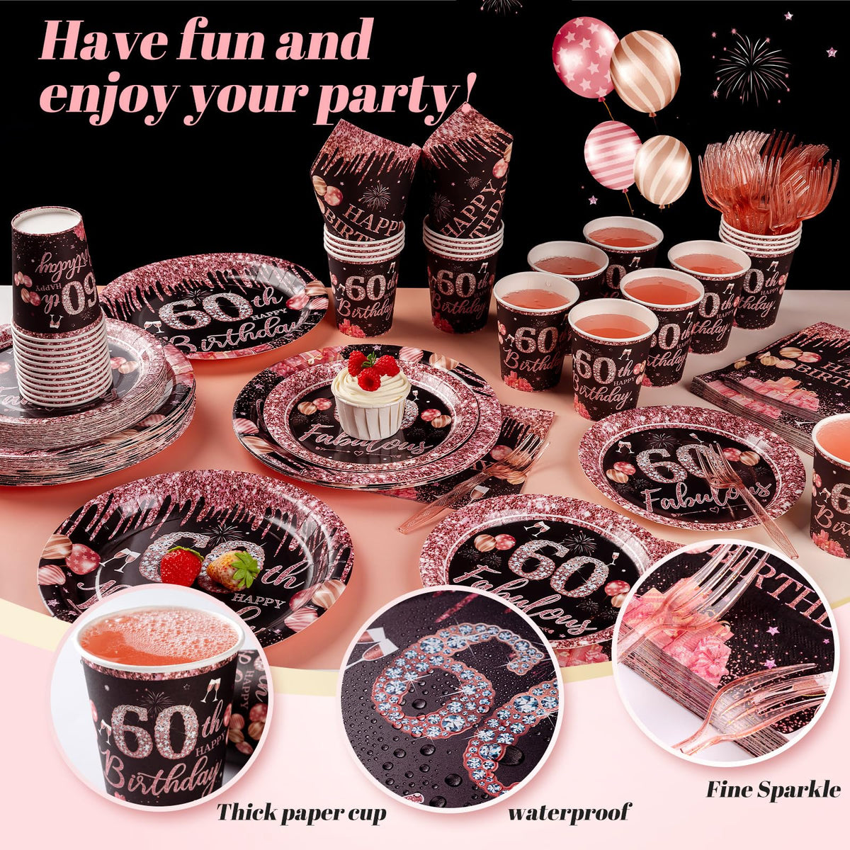 250PCS 60th Birthday Party Decorations for 50 Guests Black - Yaniio Official Imagery - 5