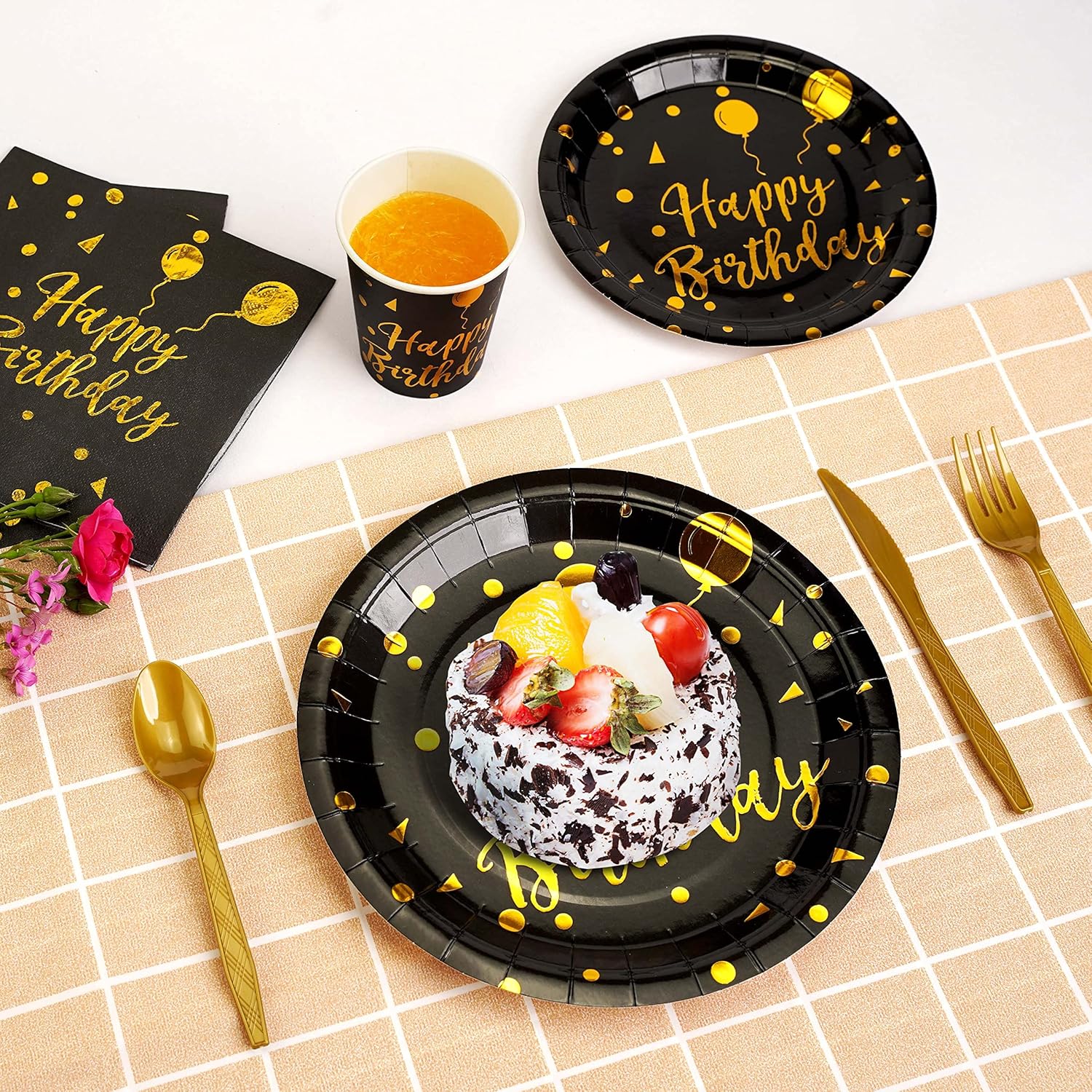Set of 200 black and gold birthday party supplies for 25 guests, including plates, cups, and napkins by VYLURIXX.