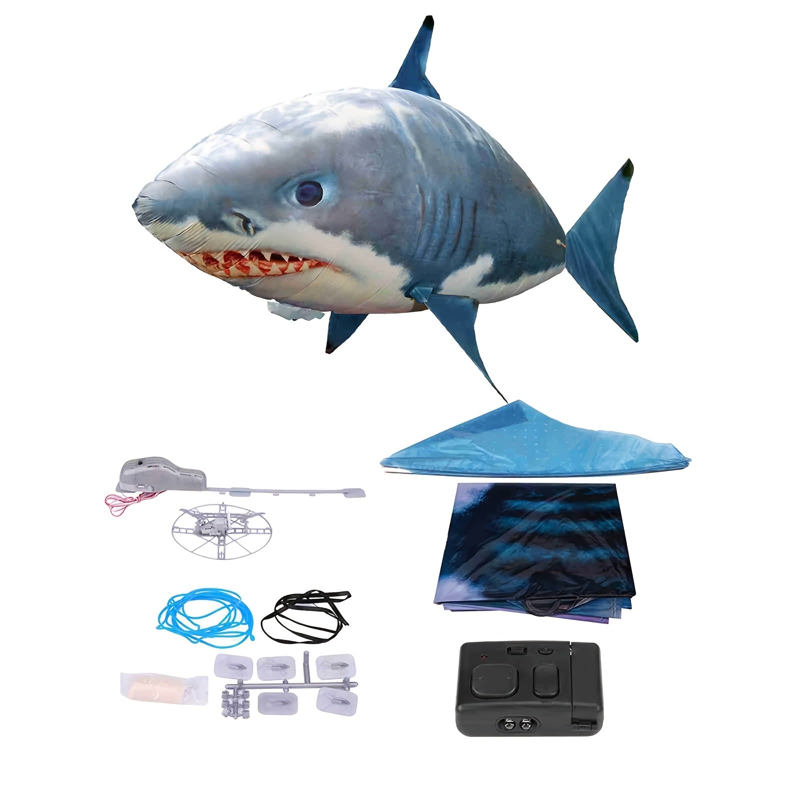Remote-controlled gliding shark inflatable balloon from temu, realistic flying shark with remote control, designed for fun outdoor play.