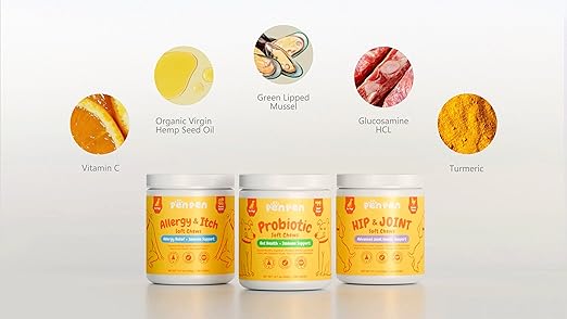 PENPEN Dog Allergy Relief Chews for itching skin, featuring Omega 3 for dogs, shown in a close-up of the chews and packaging.