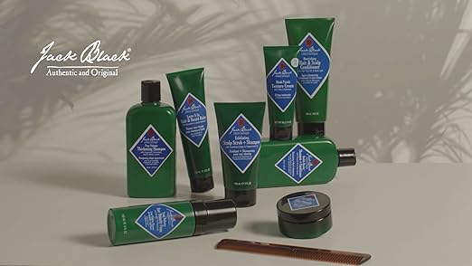 Jack Black Double-Header Shampoo and Conditioner with PureScience formula, featuring bottles with black and blue labels.