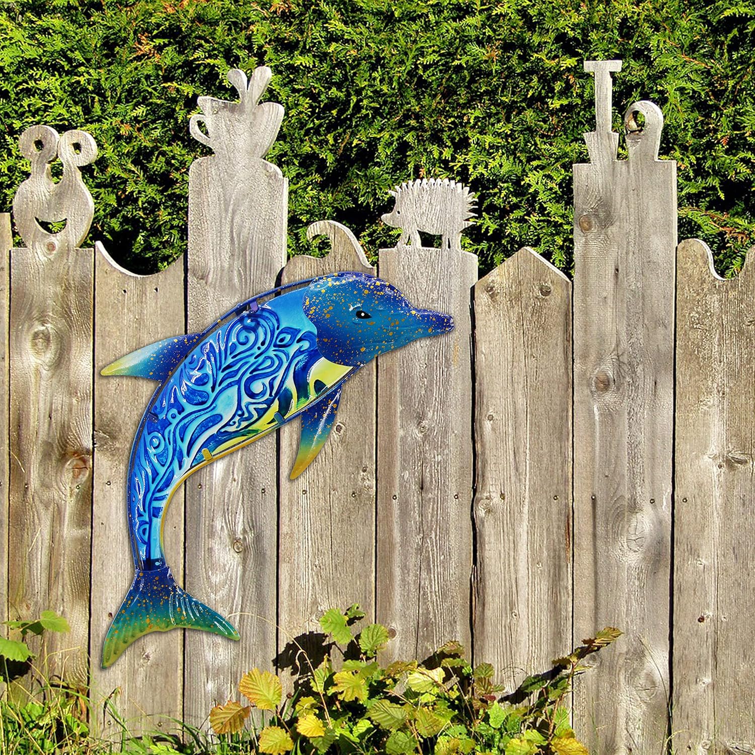John's Studio outdoor metal dolphin wall decor with colorful glass fish and sea-themed hanging art design.