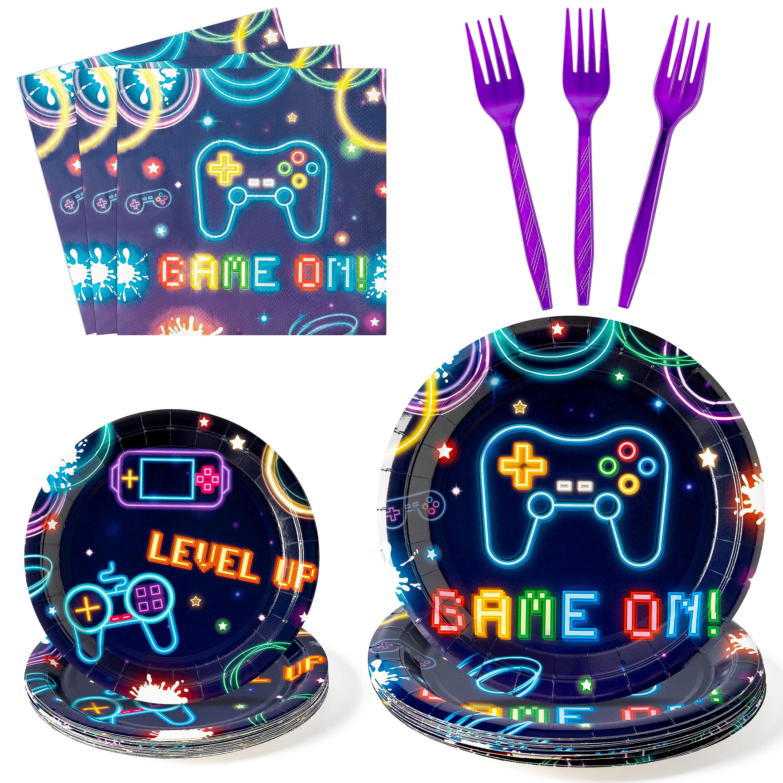 96Pcs Video Game Party Plates Supplies Neon Game On Party - Product Imagery