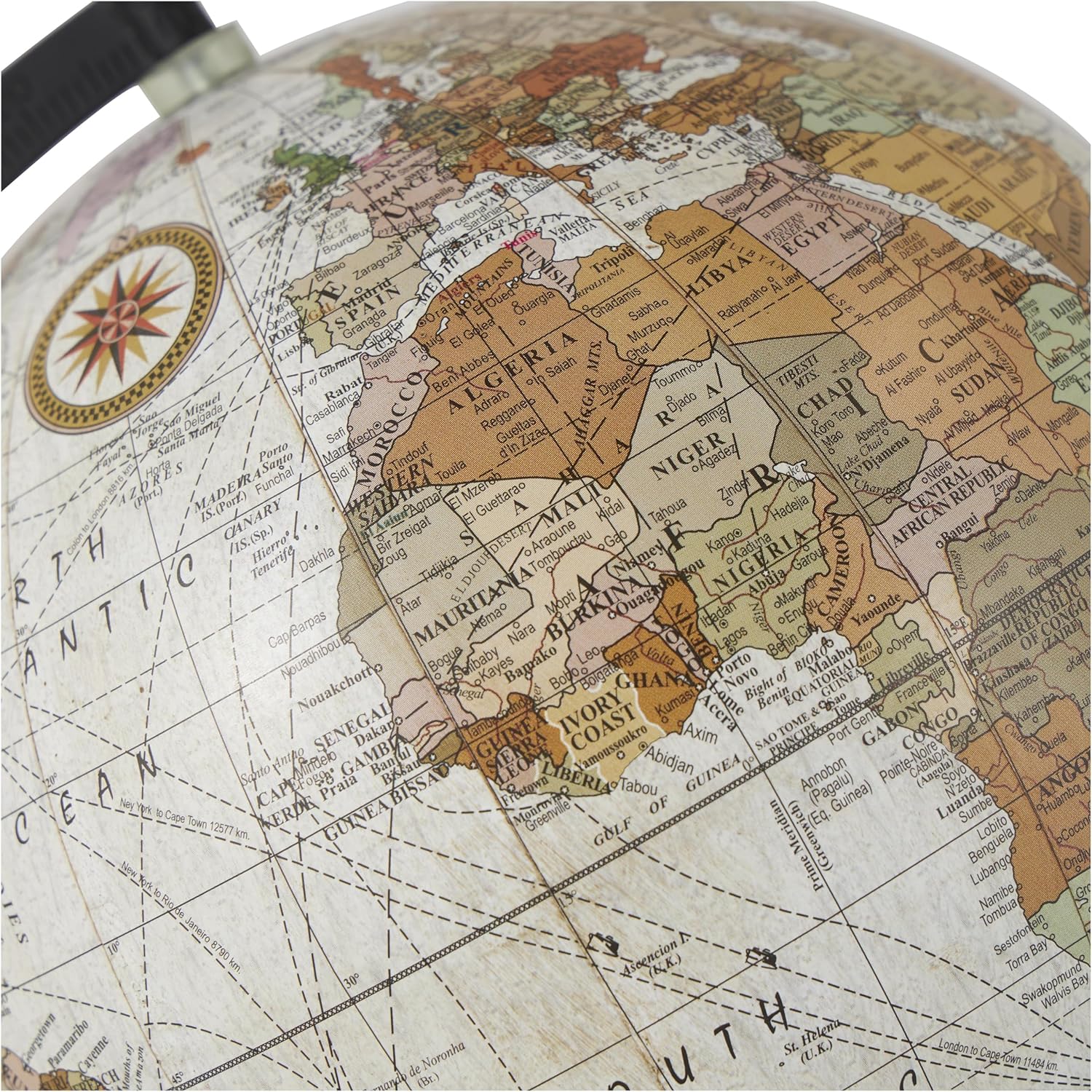 Decorative Mango Wood Globe with wood base, brown finish, size 9x8x13 inches, by Elefair, showcasing intricate globe design.
