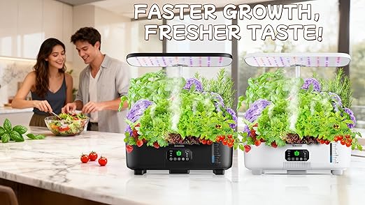Zekeson misting hydroponic growing system kit with 15 pods, indoor smart herb garden planter, featuring green plants and system components.