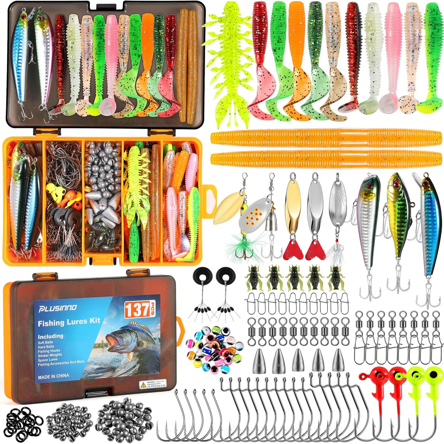 PLUSINNO fishing lures set with 137 tackle box including crankbaits, spoons, and hooks for freshwater and saltwater fishing.