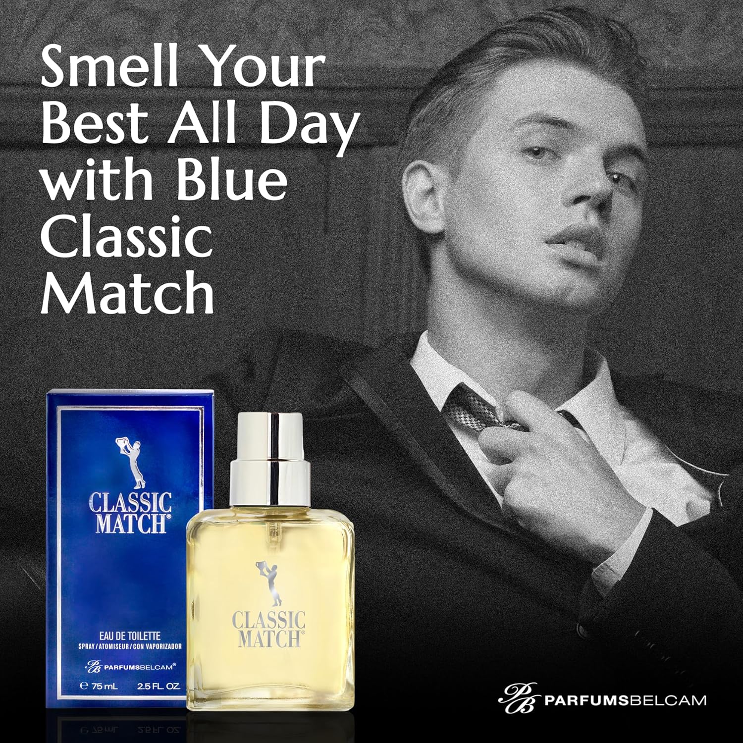 PB ParfumsBelcam Blue Classic Match Eau de Toilette spray for men, featuring a sleek blue bottle and modern design.