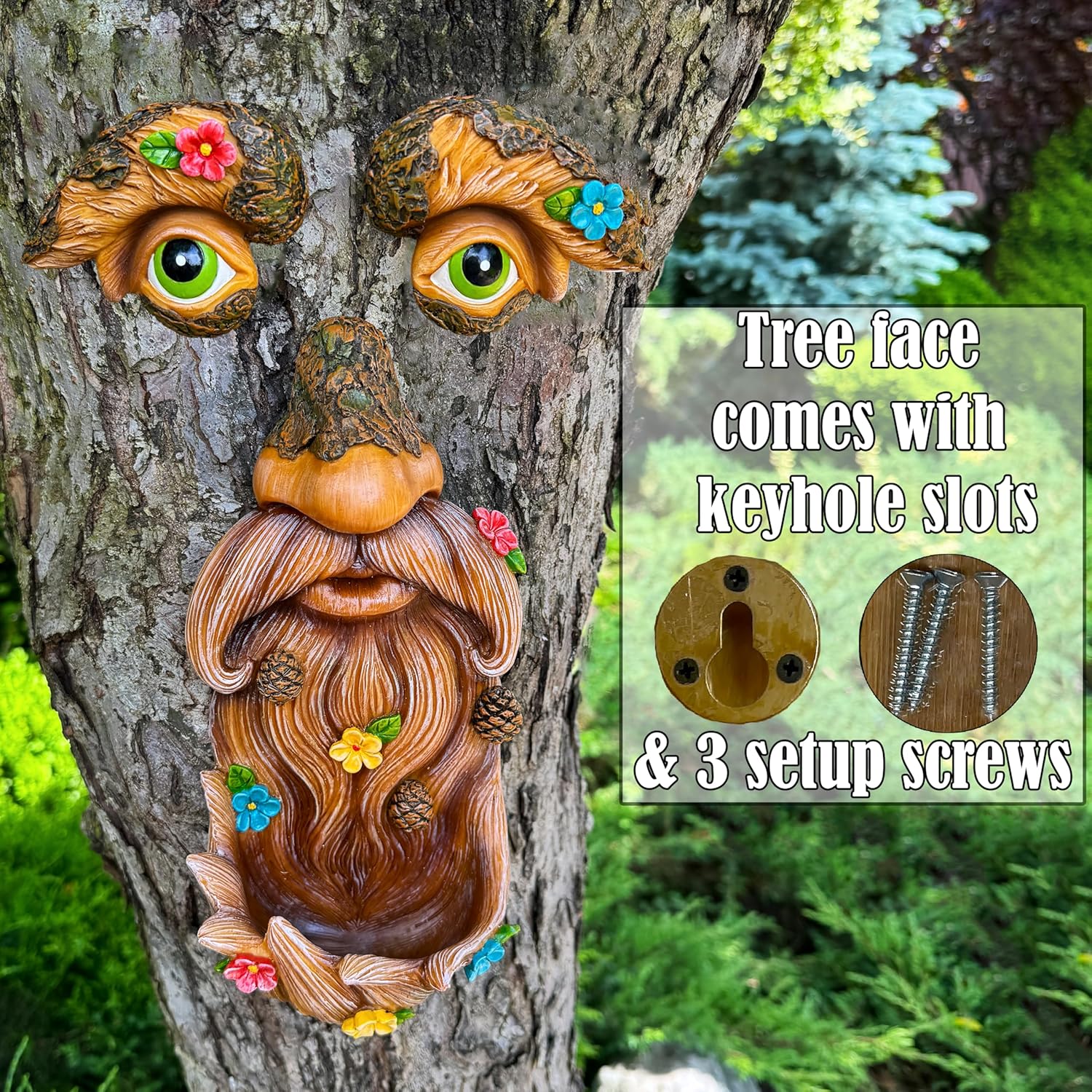 Mood Lab Tree Face Decor outdoor bird feeder featuring an old man face design, adds whimsical charm to garden or backyard.