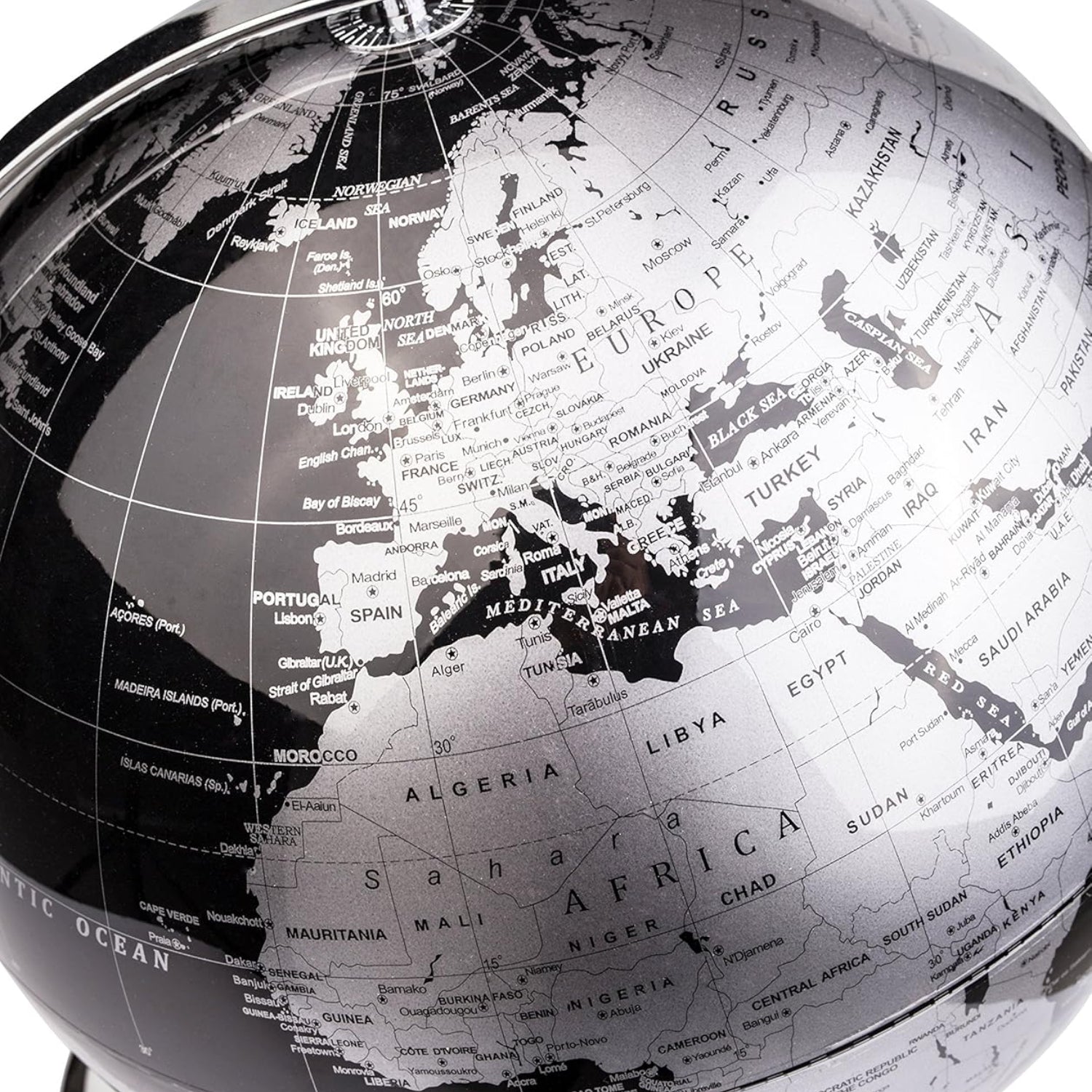 Exerz 10-inch black world globe with stainless steel arc and base, showing detailed continents and ocean labels.