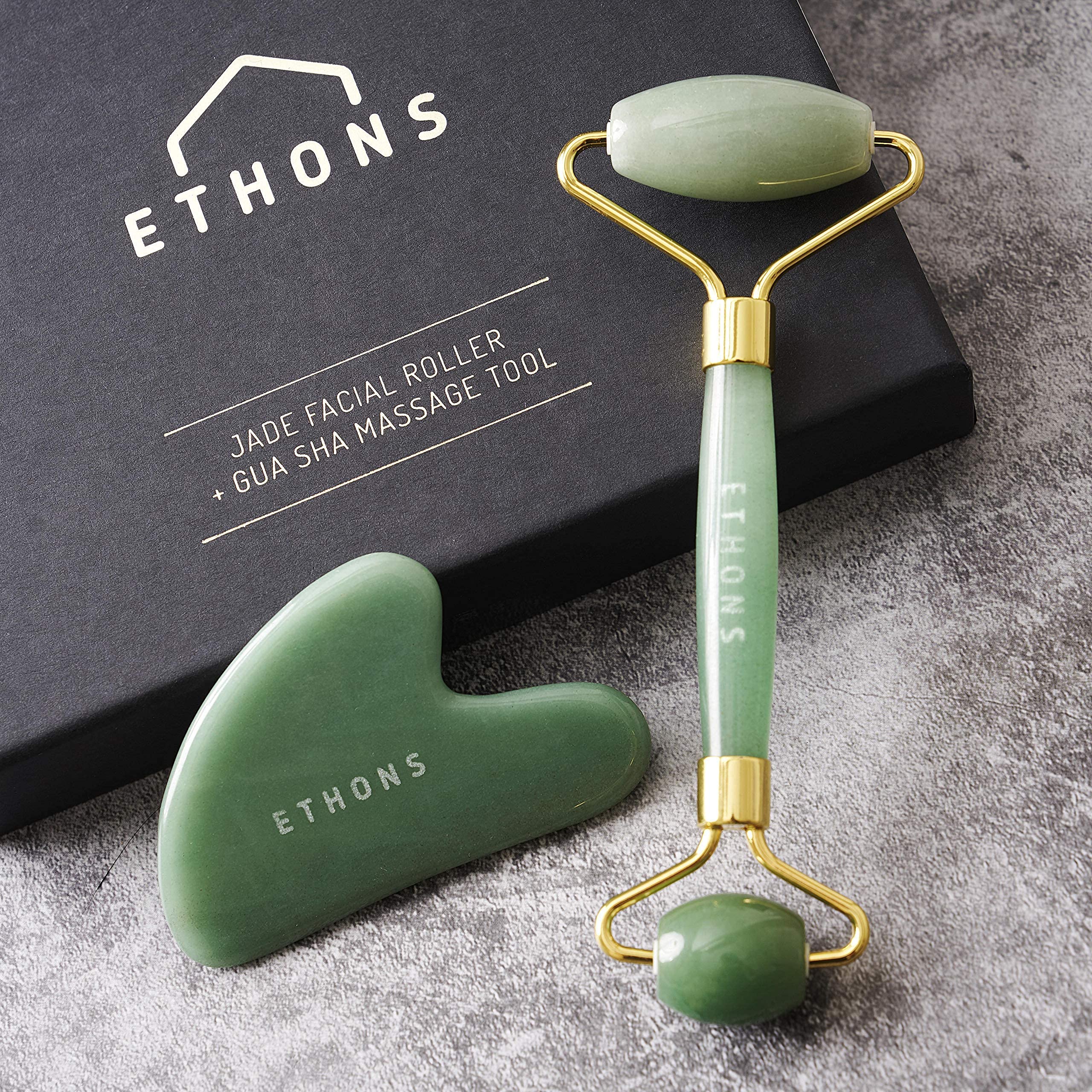 ETHONS jade roller and Gua Sha set for facial massage and microcurrent facial therapy, featuring smooth jade tools for skin rejuvenation.