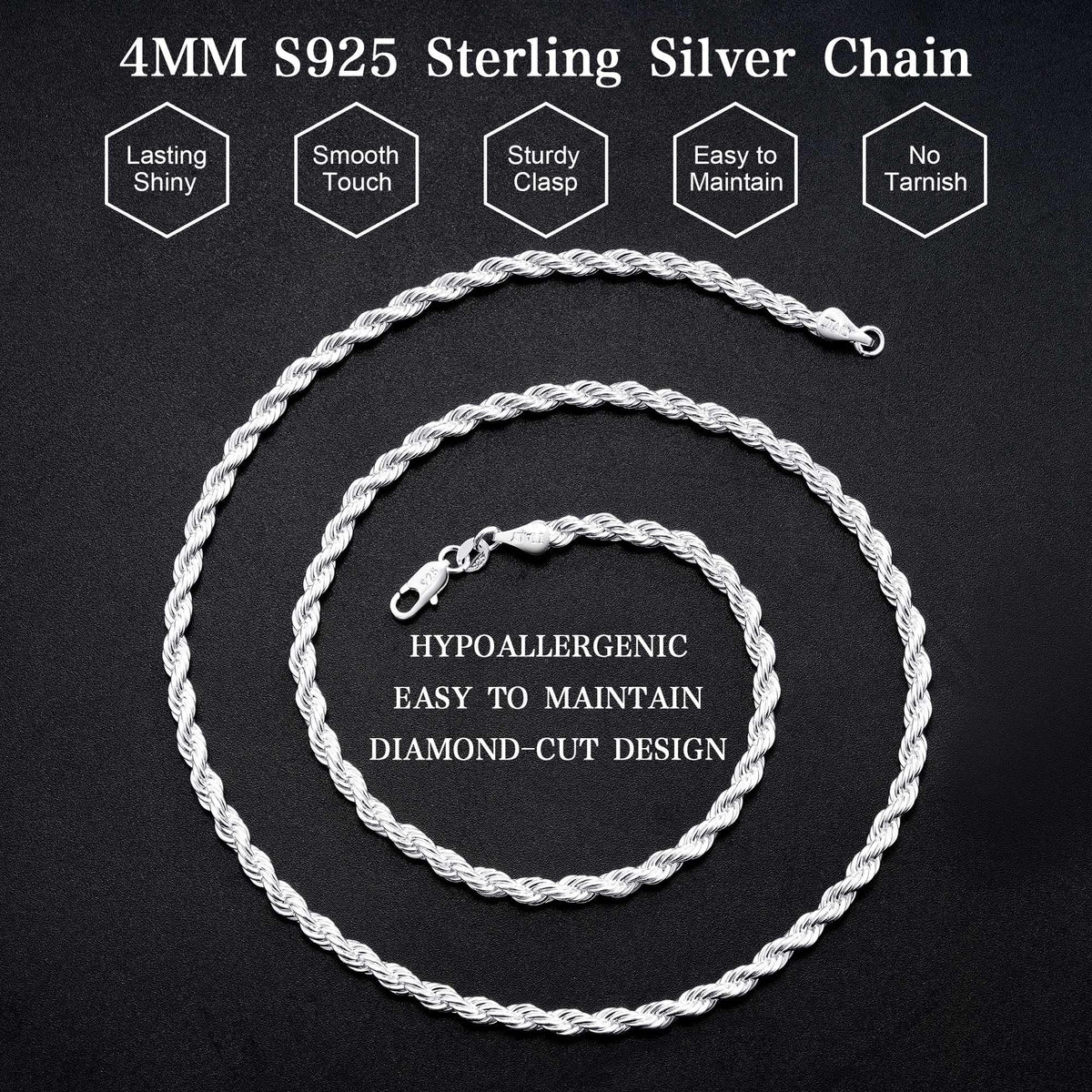 925 Sterling Silver Rope Chain for Men 3mm 4mm - Maxcate Official Imagery - 5