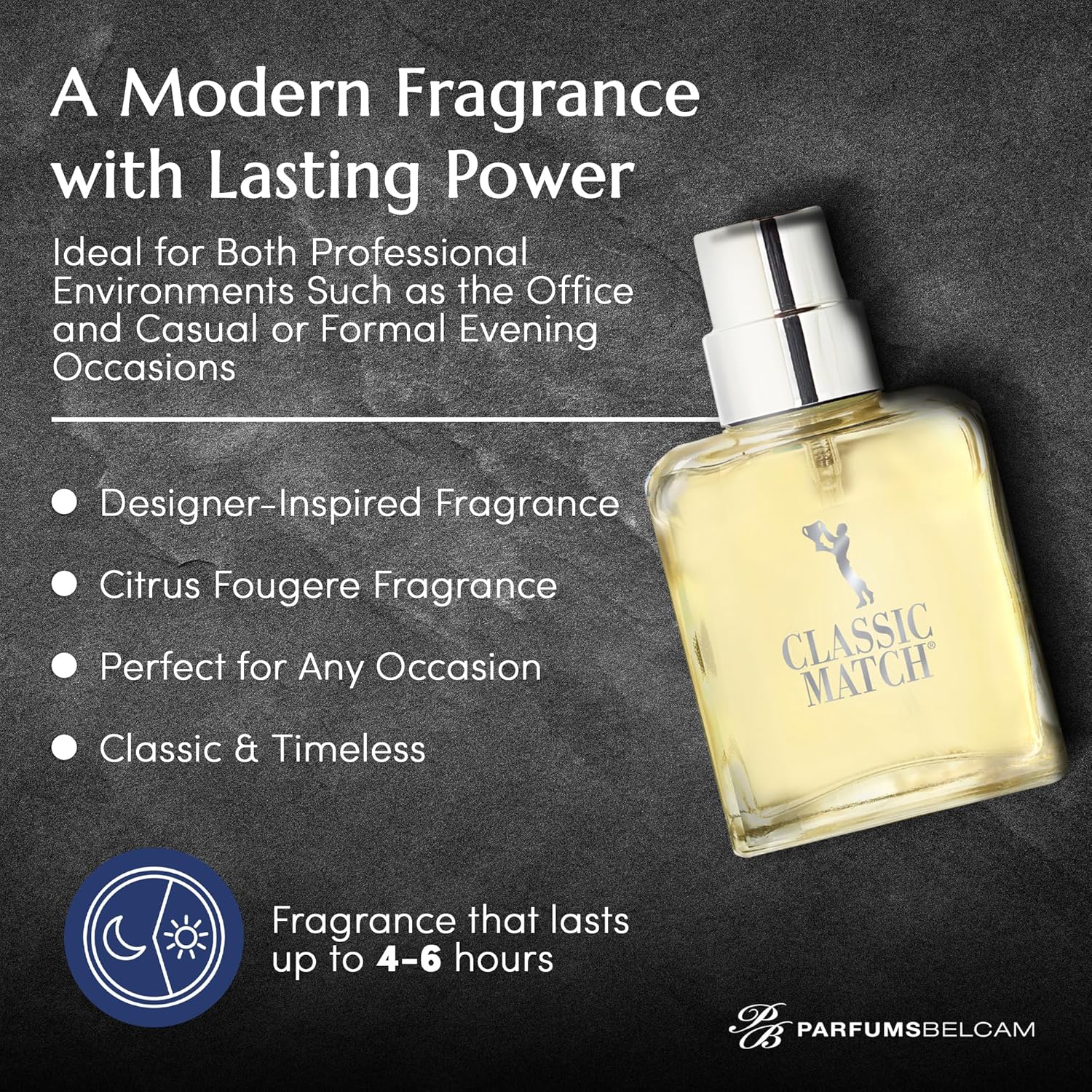 PB ParfumsBelcam Blue Classic Match men's Eau de Toilette spray with sleek blue bottle and modern design.