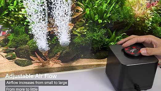 hygger aquarium air pump, quiet 7W adjustable fish tank oxygen pump with a compact design and power cord for aeration.
