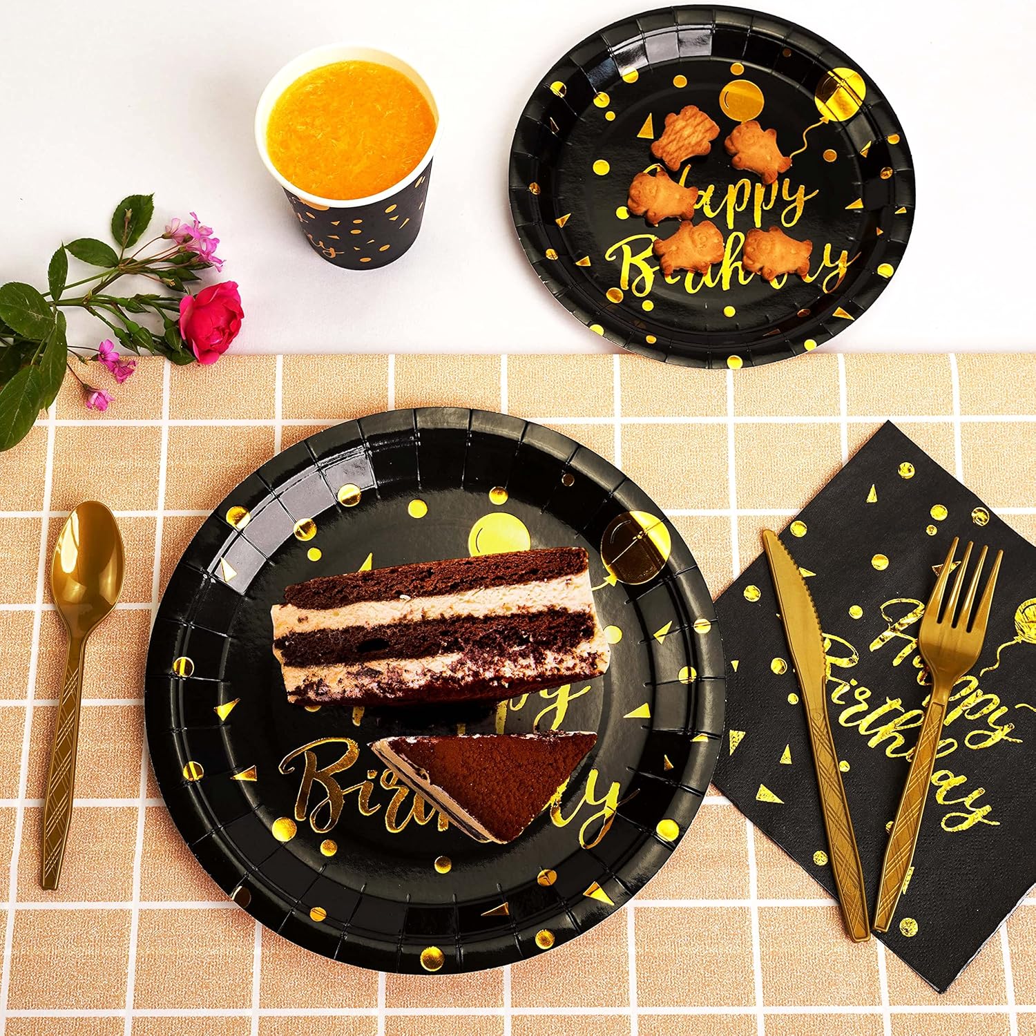 Set of 200 black and gold birthday party supplies for 25 guests, including plates, cups, and decorations by VYLURIXX