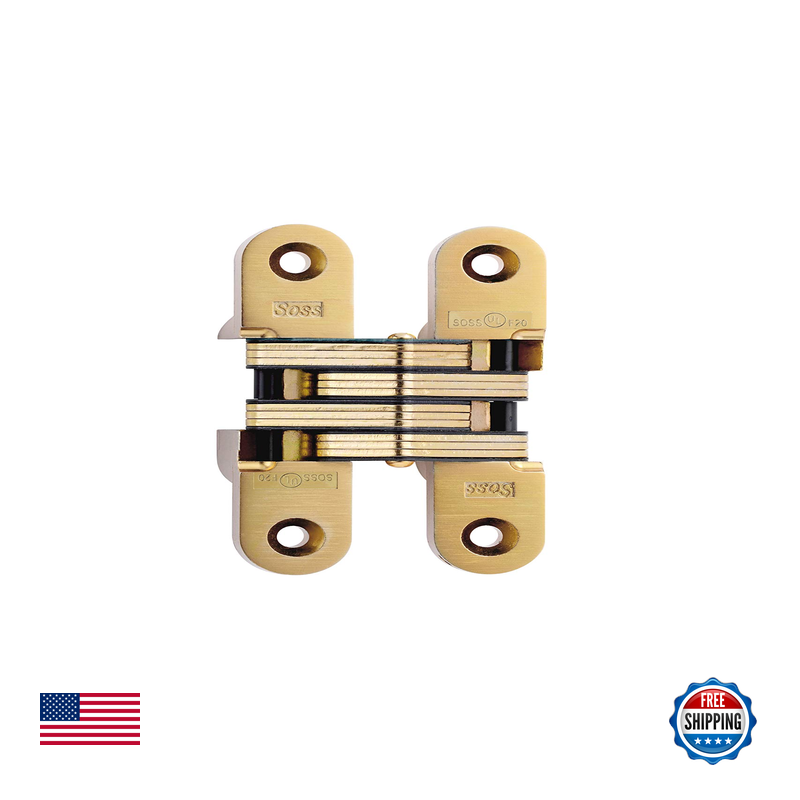 Soss Invisible Hinge Model 216 in zinc satin brass, fire-rated for 20 minutes, designed for exterior doors, showing hinge hardware.