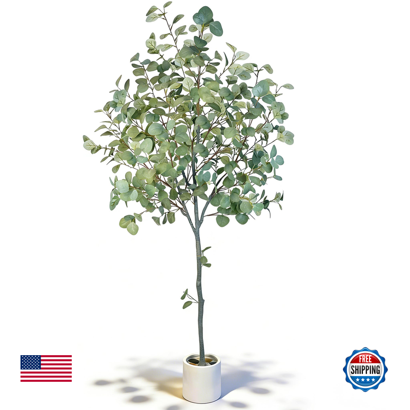 Joyplants 6ft artificial eucalyptus tree with lifelike silver dollar silk leaves, ideal for home or office decor.