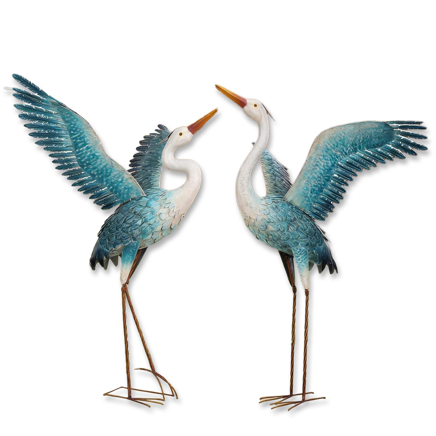 Two white and blue metal heron garden statues by chisheen, outdoor yard art sculpture featuring elegant crane designs.