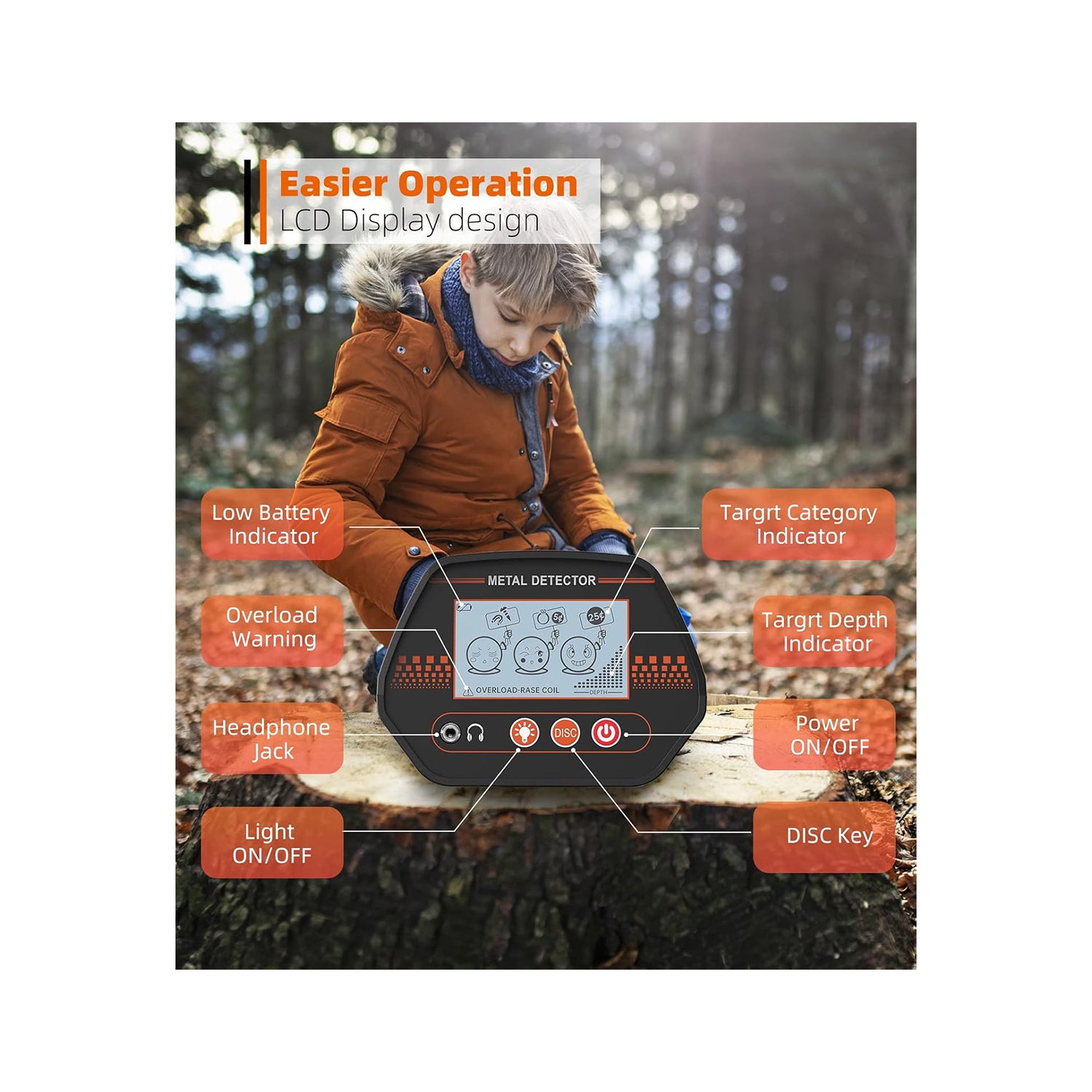 Metal Detector for Kids, 8" Waterproof Coil, Fun LCD Display with All Metal & Disc Modes