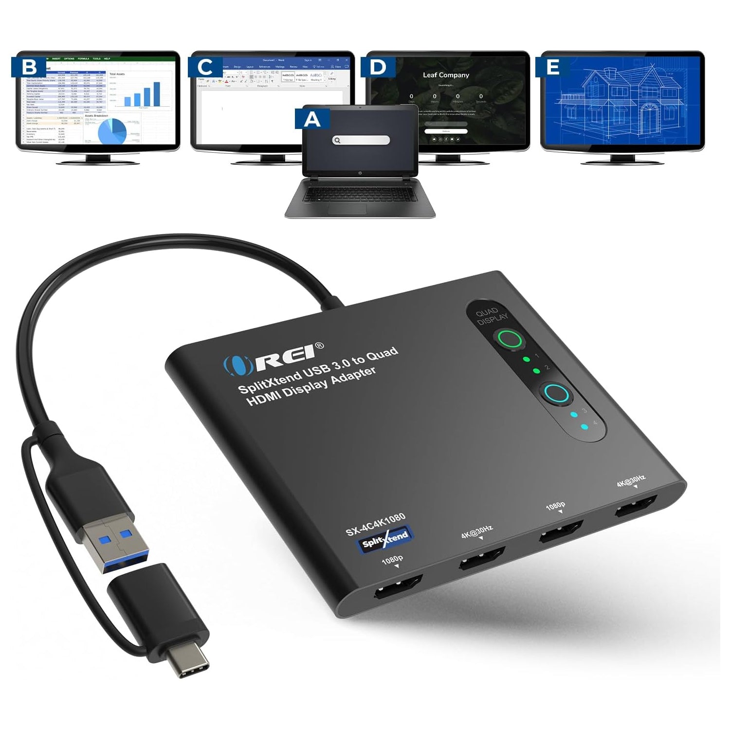 OREI SplitExtend HDMI splitter displaying four monitors connected for extended multi-screen setup.