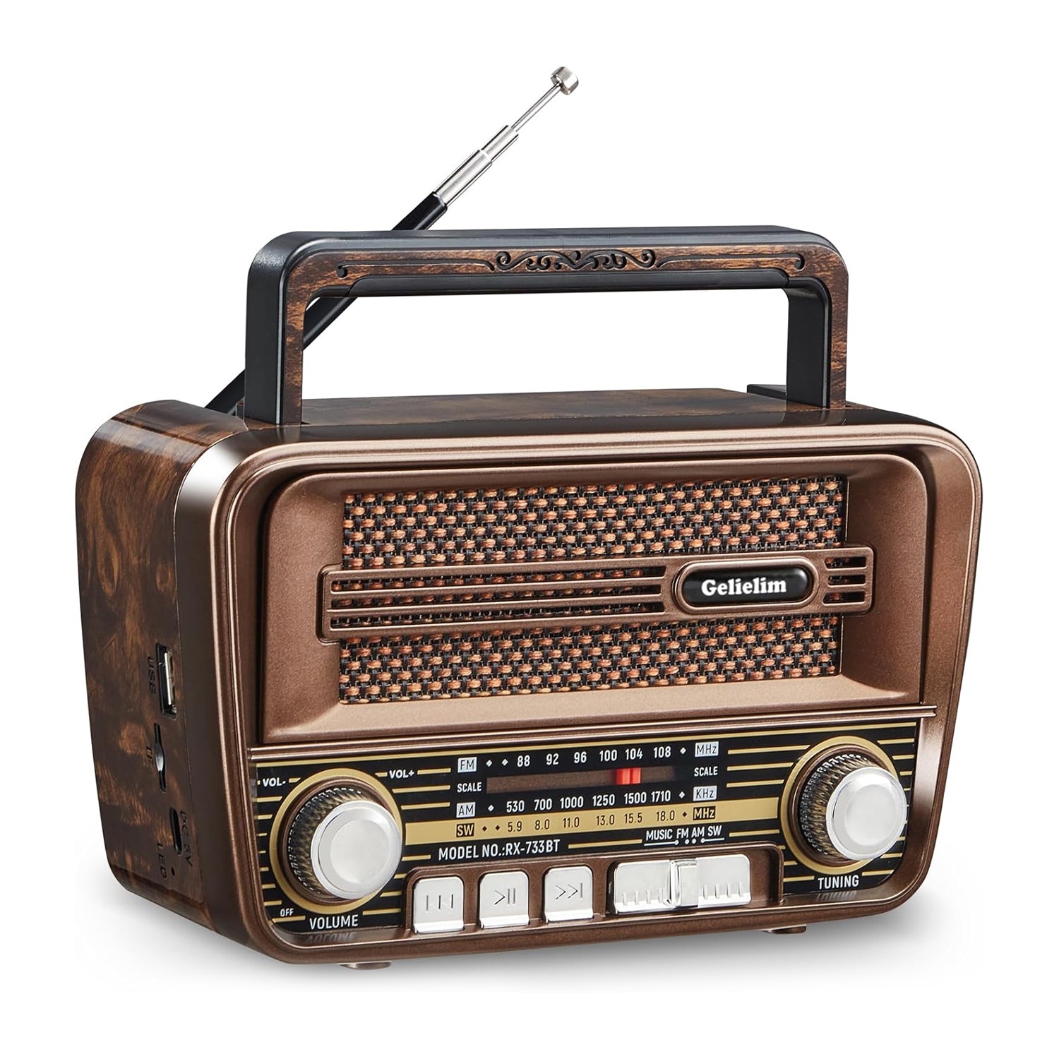 Gelielim portable vintage AM/FM radio with Bluetooth 5.3 speaker and shortwave capability, featuring a retro design and analog controls.