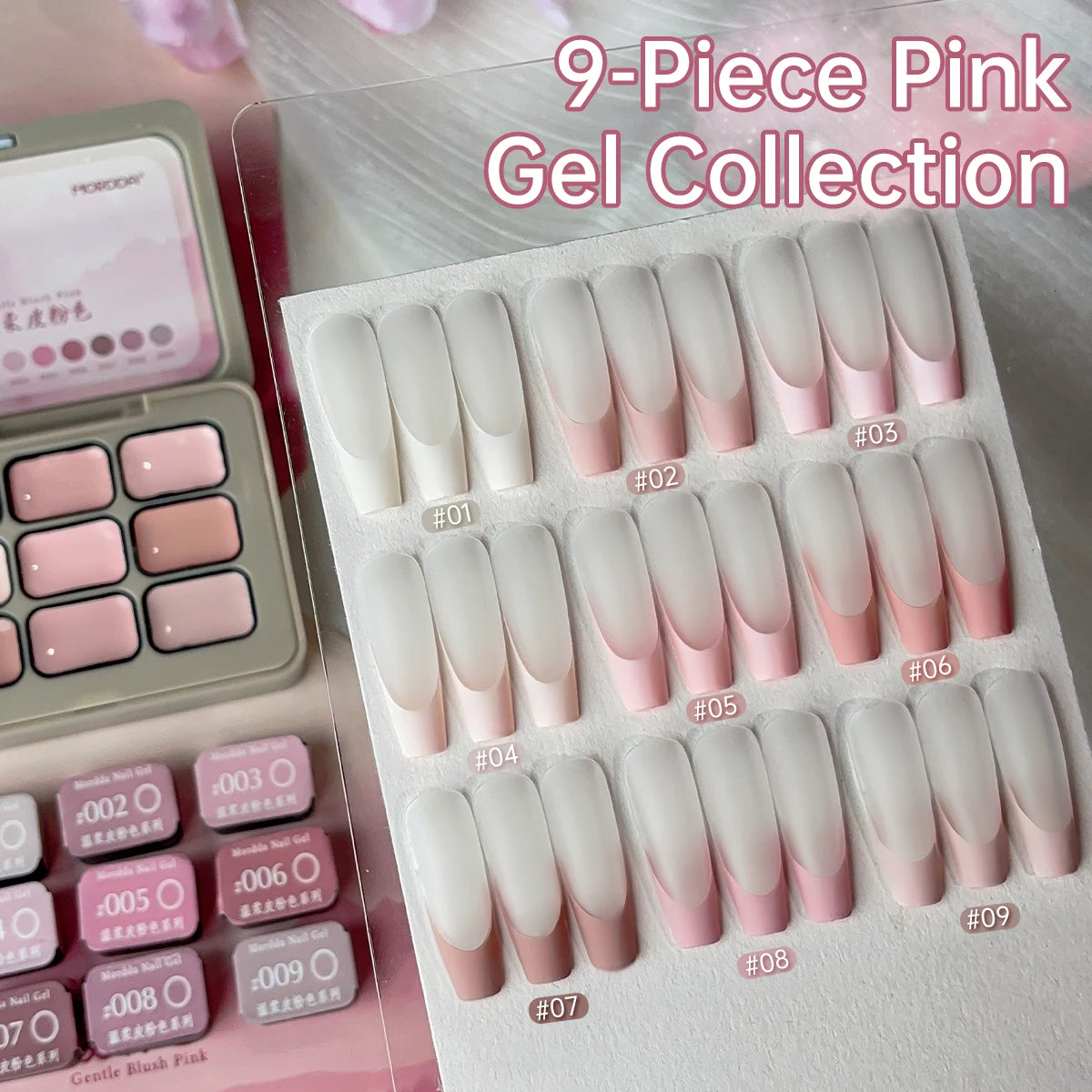 Pink nail polish glue in a semi-solid, high saturation formula with 9 color options, suitable for salon nail art applications.