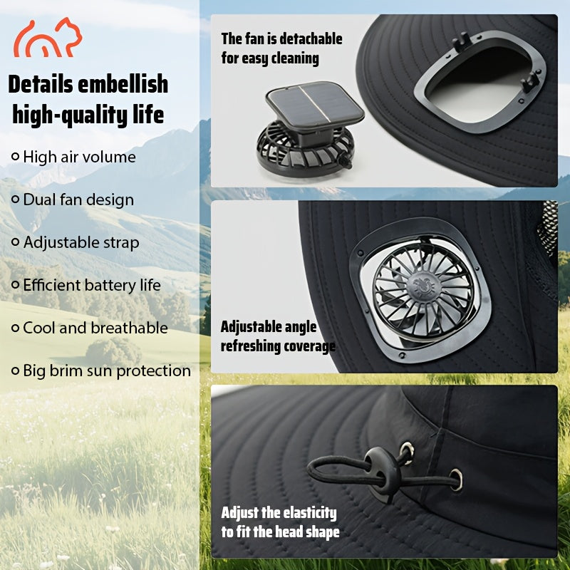 Temu solar-powered dual fan sunshade hat with adjustable straps, USB rechargeable for outdoor sun protection.