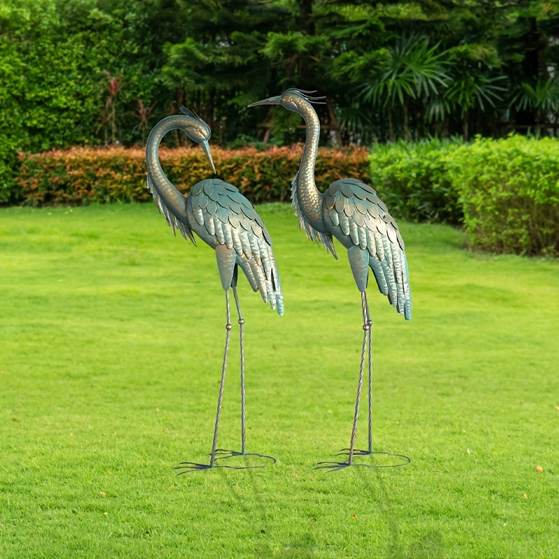Set of 2 metal crane statues, bird sculptures for yard decor, featuring elegant heron designs by Temu.