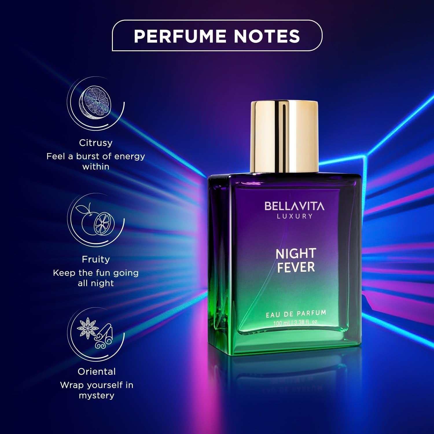 BELLAVITA Luxury NIGHT FEVER unisex perfume bottle with bergamot and vanilla notes