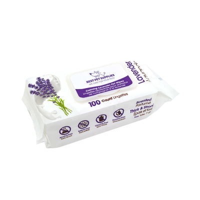 Pet wipes for dogs in resealable pouch with lavender scent for cleaning and deodorizing coats and paws