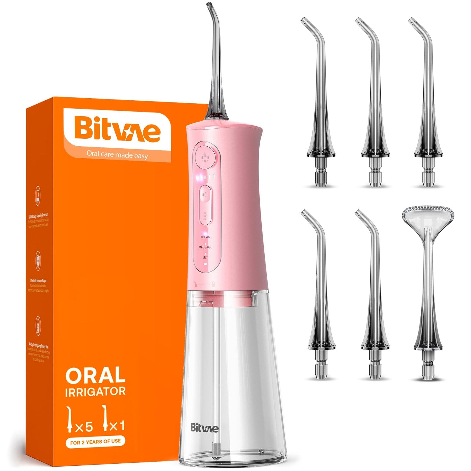 Bitvae pink cordless water dental flosser rechargeable with 3 modes and 5 intensity settings, IPX7 waterproof oral irrigator