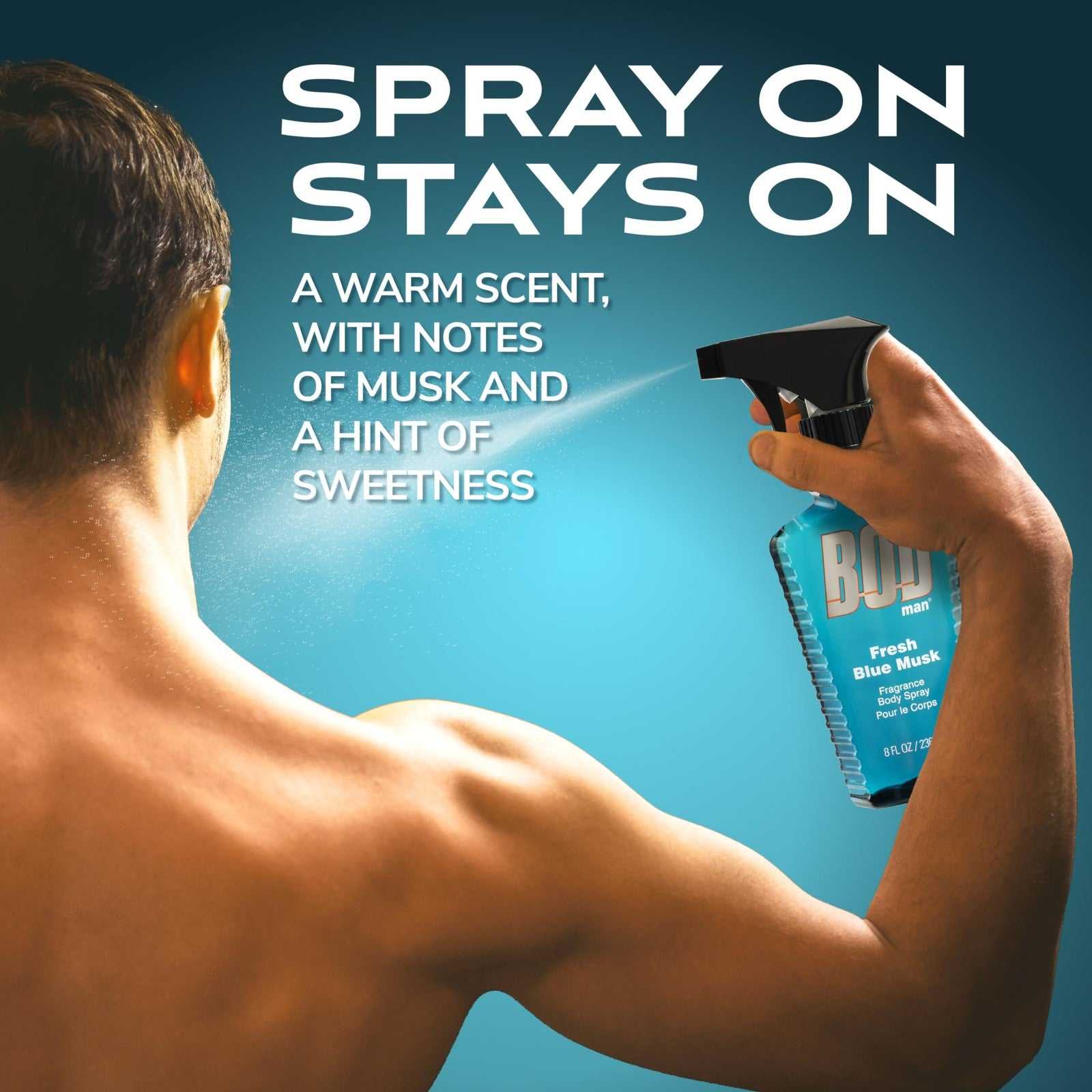 BOD man Fresh Blue Musk body spray 8oz bottle with blue design and woodsy fragrance notes