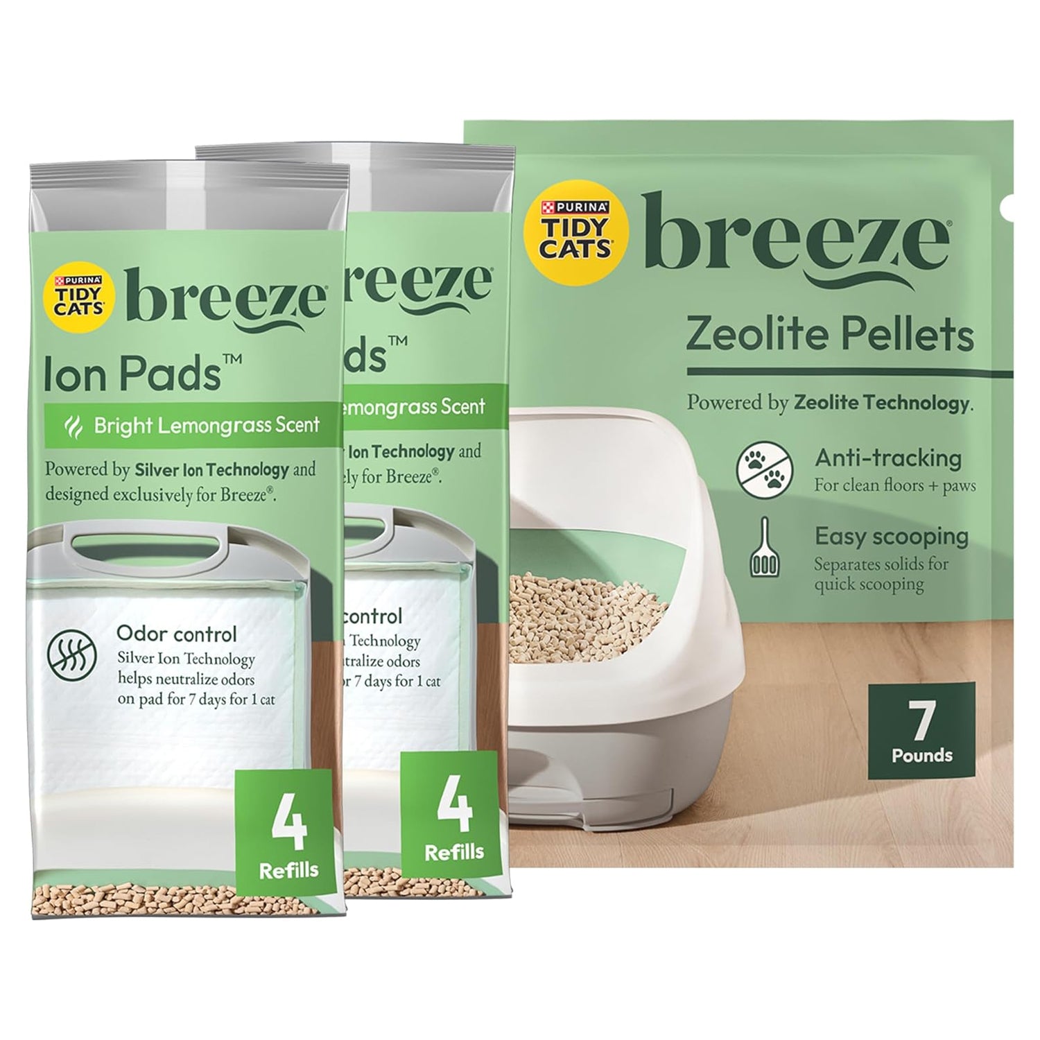 Tidy Cats Breeze Litter System cat refill bundle in a 7.91 lb. box, featuring cat litter pellets and moisture pads for odor control