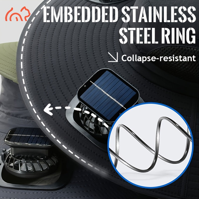 Temu solar-powered dual fan sunshade hat with adjustable straps, USB rechargeable, providing cooling and sun protection.