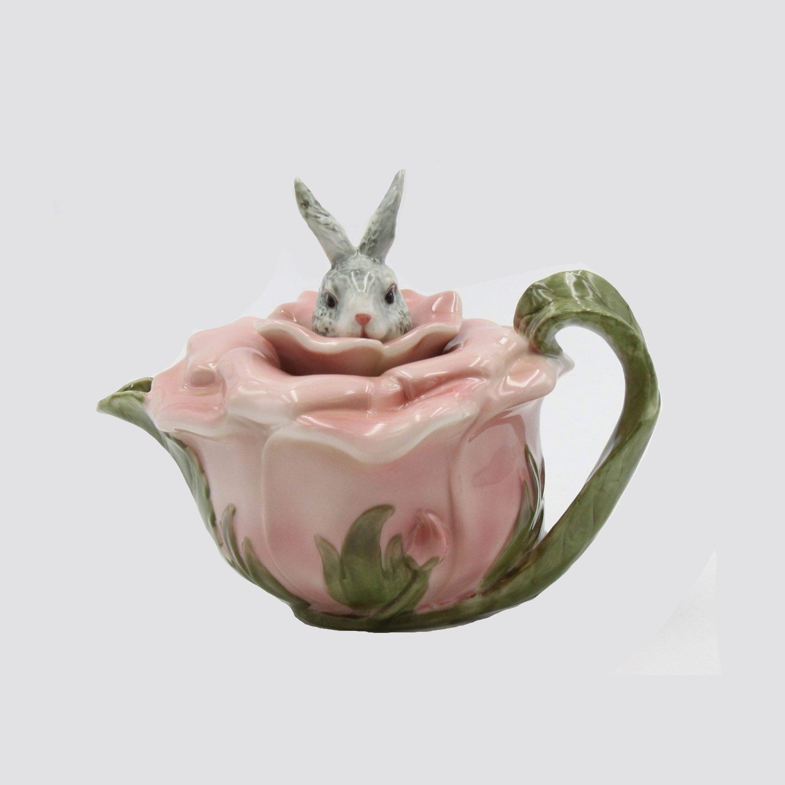 Fine porcelain Victorian rose bunny rabbit teapot with multicolor design, 6-7/8 inches long