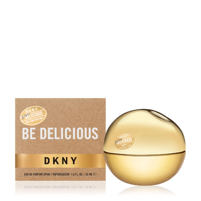 DKNY Golden Delicious EDP perfume spray bottle with orange and gold design