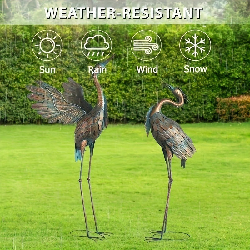 Set of 2 metal crane statues featuring heron bird sculptures for garden yard decor, detailed metal bird sculptures for outdoor display
