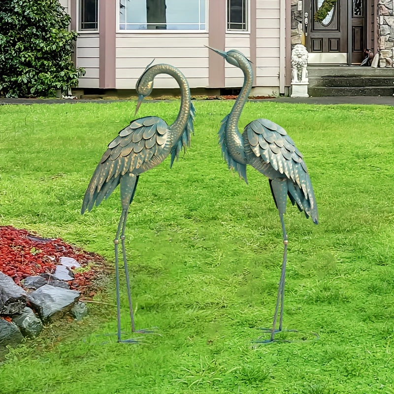 Set of 2 metal crane statues, garden heron sculptures for yard decor, featuring detailed bird designs for outdoor landscaping