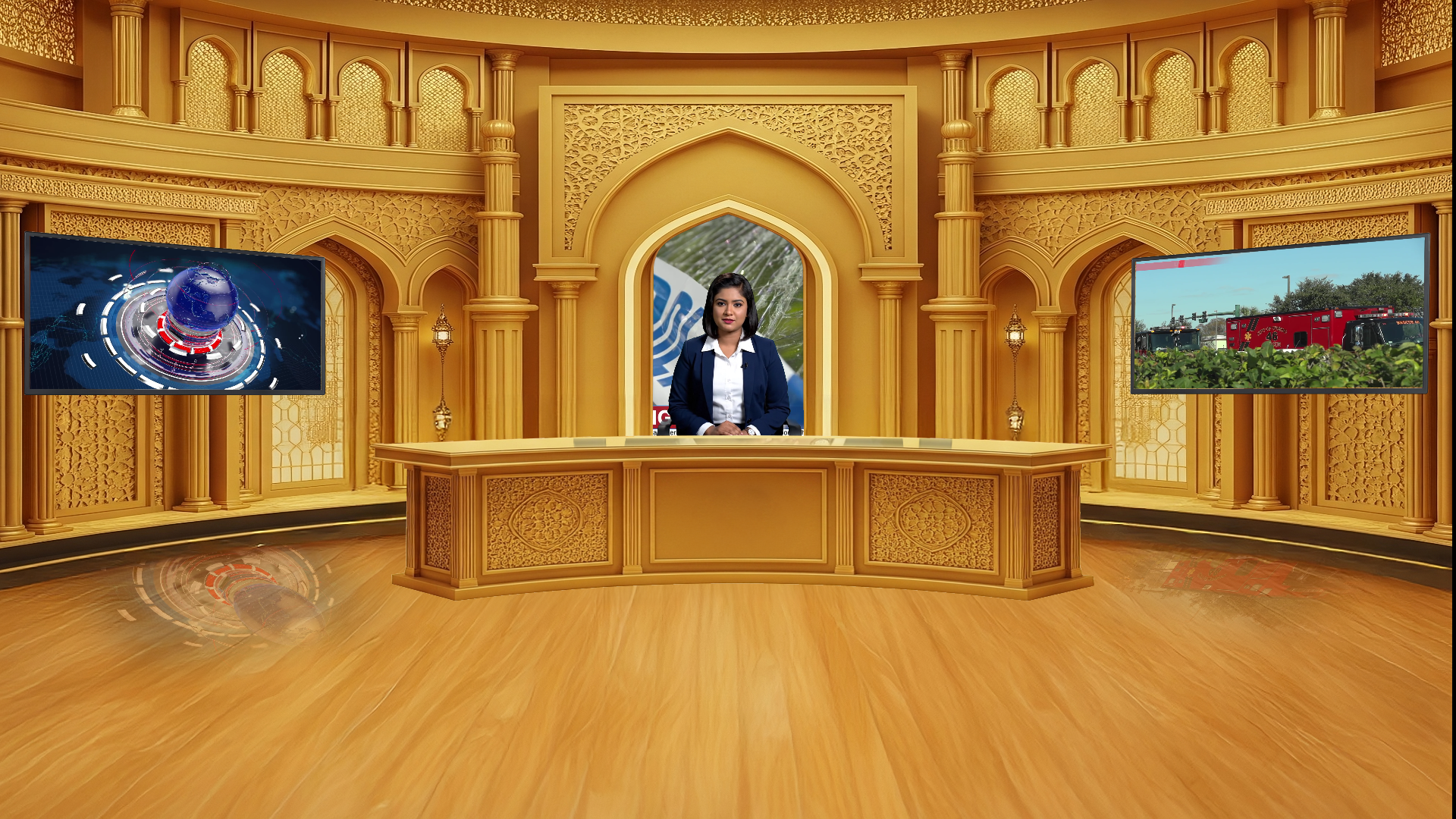 Professional Virtual Studio Set for vMix talk show and news broadcasting with customizable green screen backgrounds and multiple camera angles
