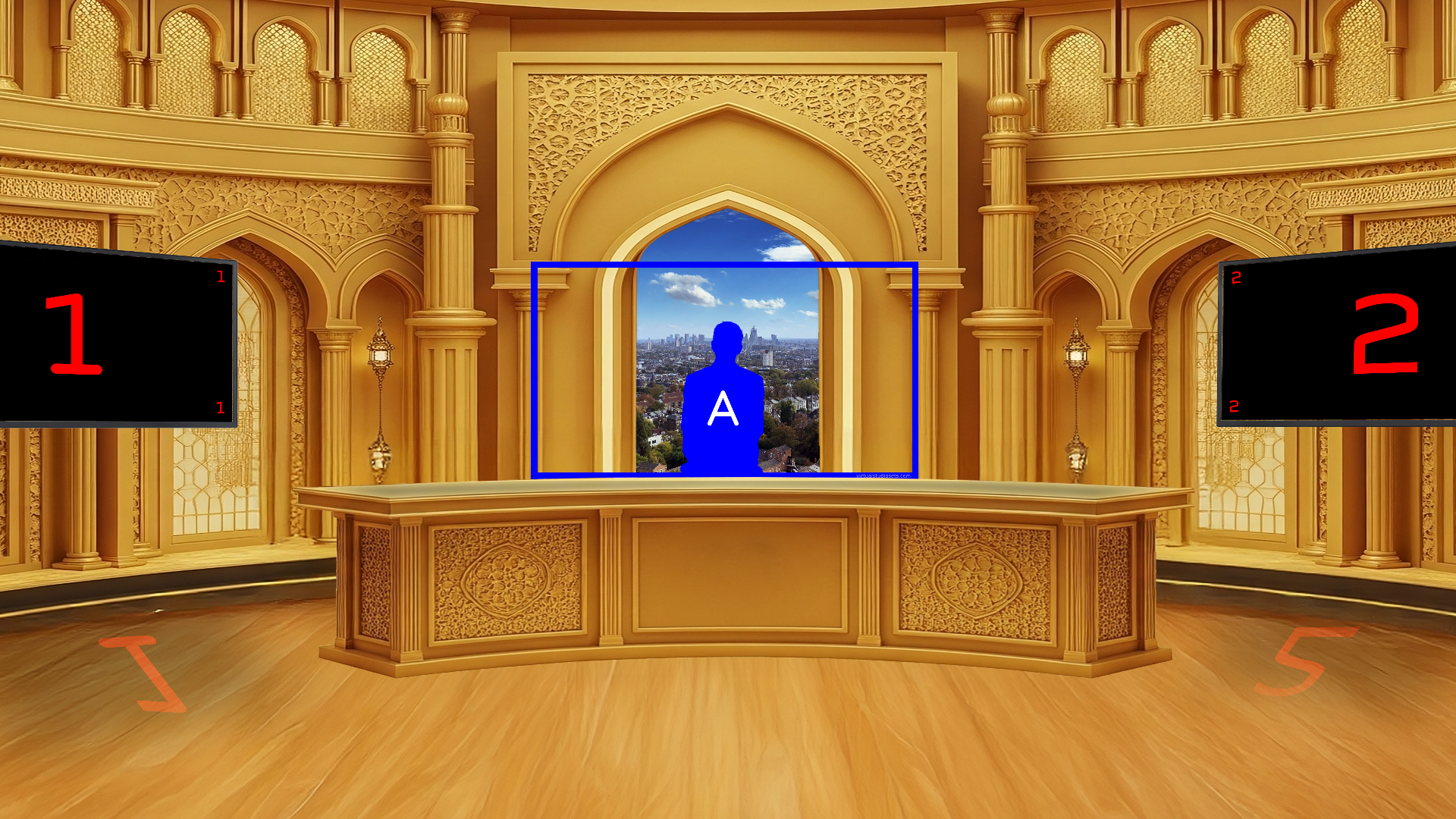 Professional Virtual Studio Set for vMix talk show and news broadcast with customizable green screen backgrounds and multiple camera angles