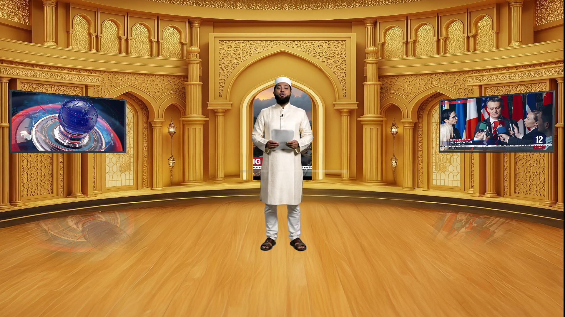 Professional Virtual Studio Set for vMix talk shows and news broadcasts with customizable green screen backgrounds and multiple camera angles